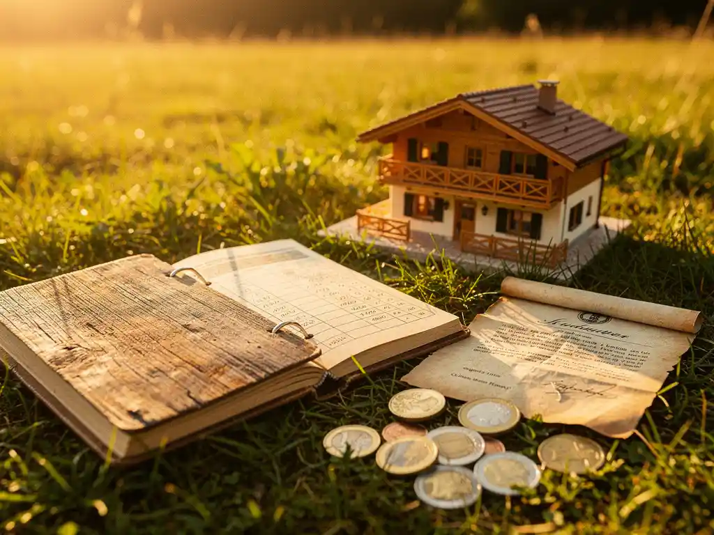 Versleten investeringsboek opengeslagen op gras naast een miniatuur vakantiehuisje, euromunten en een grondakte in warm goudkleurig licht.
