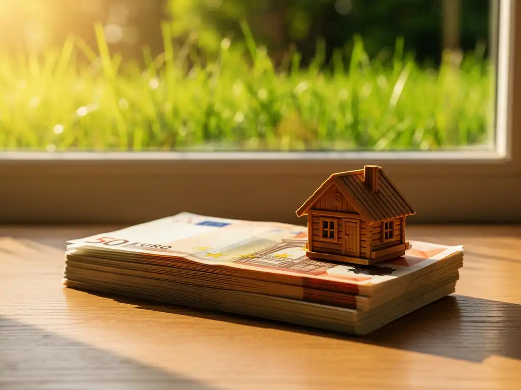 Euro bankbiljetten naast een miniatuur houten vakantiehuisje op een eikenhouten bureau, zonlicht en groene bomen op de achtergrond.