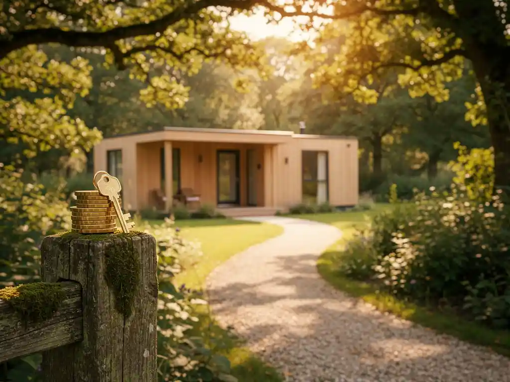 Houten vakantiechaletje op een luxe recreatiepark in Zeeland, omgeven door weelderig groen, met goudstukken en sleutel op houten paal.