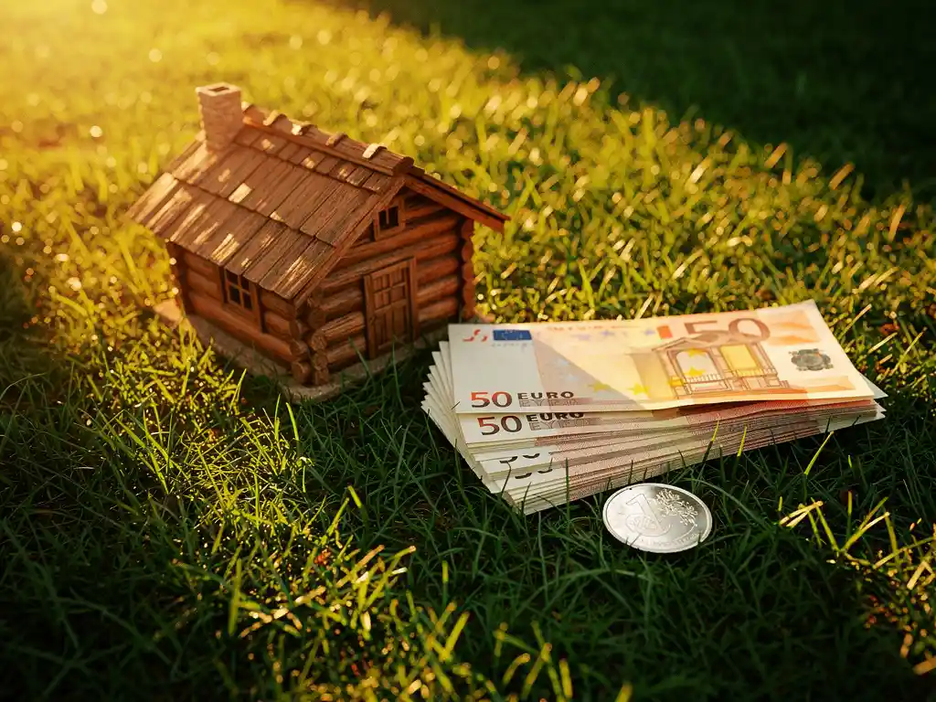 Waaier van eurobiljetten naast een houten miniatuurhuisje op groen gras, met een zilveren munt in warm middagzonlicht.