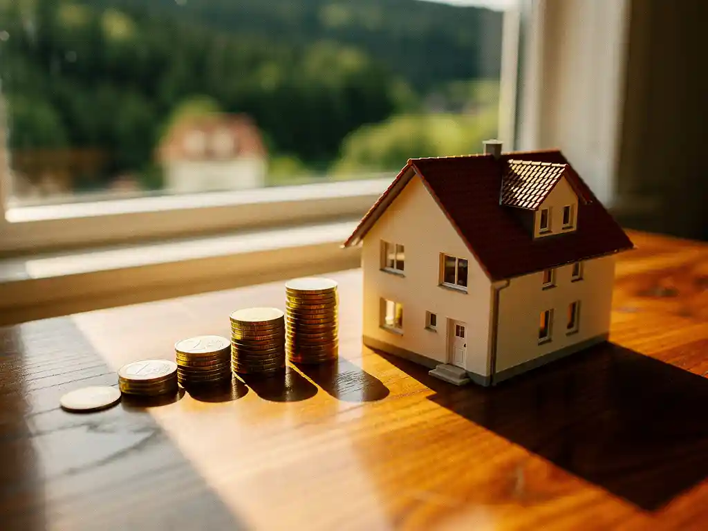 Miniatuur woning op eikenhouten bureau naast opstapelende euromunten, warm middaglicht met gouden schaduwen, onscherpe groene achtergrond.