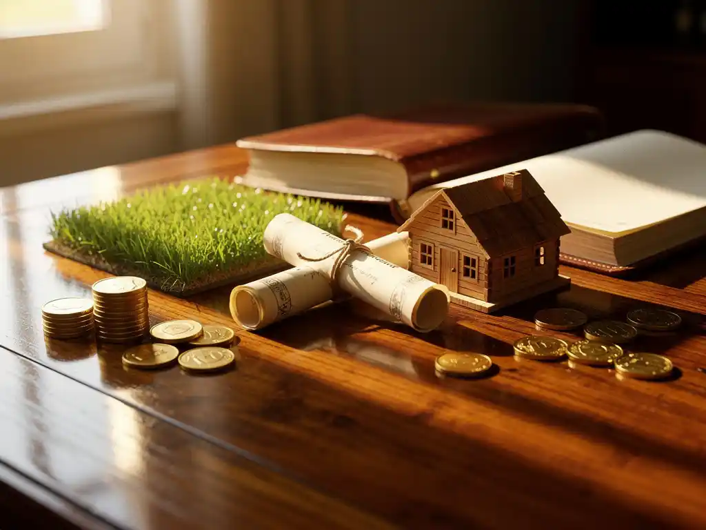 Diverse beleggingsportefeuille op eiken bureau met landakte, miniatuur houten huis, goudmunten en leren grootboek in warm middaglicht.