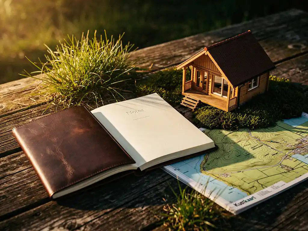 Opengeslagen leren notitieboek op rustiek houten tafel naast een miniatuur vakantiehuisje, topografische kustkaart en graspollen in gouden avondlicht.