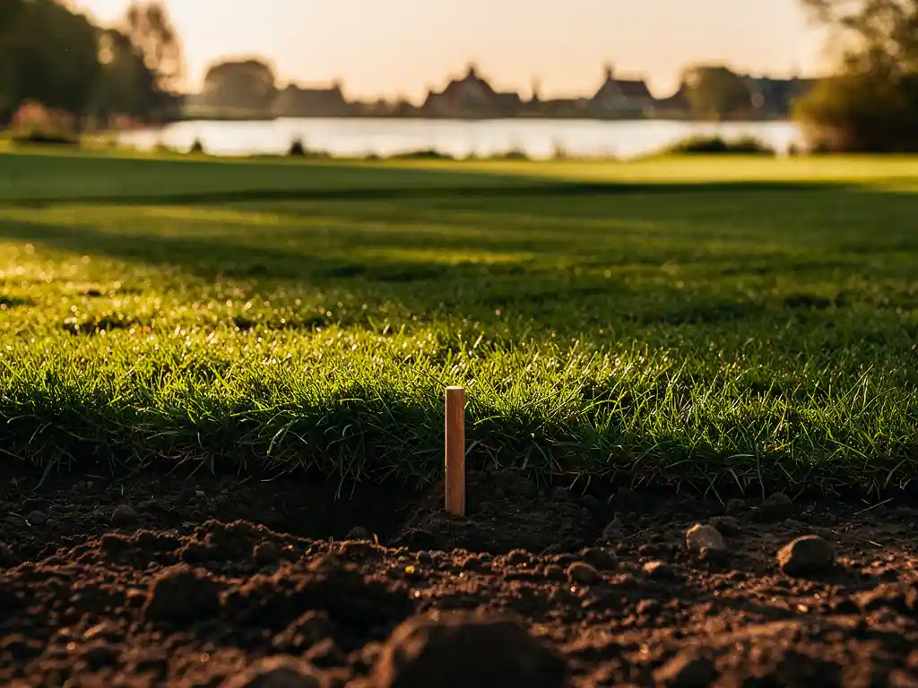 Verkocht bord in groene recreatiegrond met uitzicht op Nederlands polderlandschap, gouden middagzon en verre bomenrij.