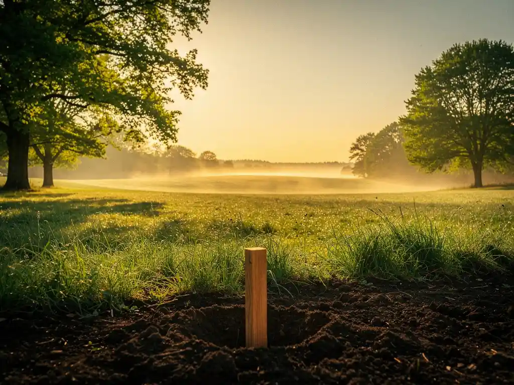 Verkocht bordje in rijke grond van weelderig groen recreatieland, omzoomd door volwassen bomen in gouden ochtendlicht.