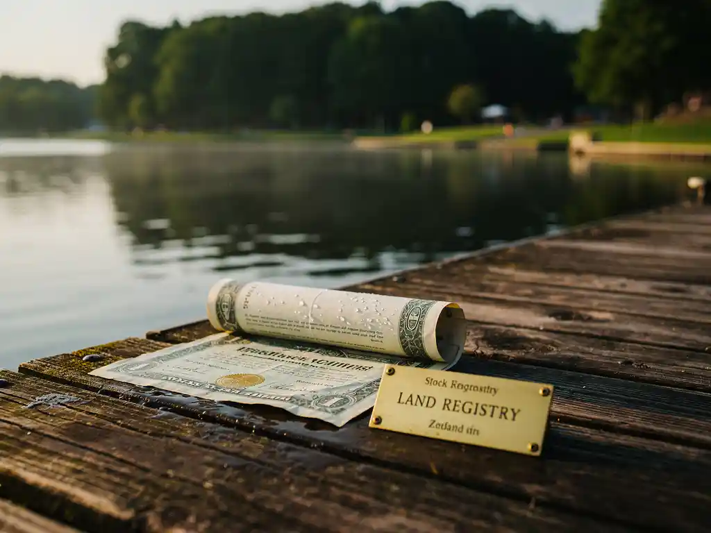 Verweerde houten steiger in Zeeland met een doorweekt aandeelcertificaat en een droog koperen eigendomsakte, groen recreatiepark op achtergrond.