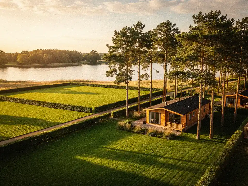Houten vakantiechalets tussen dennenbomen aan een rustig meer in Zeeland, met groene percelen in gouden avondlicht.