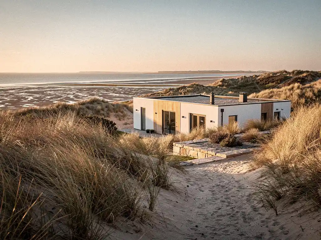 Nederlandse vakantievilla tussen duingras in Zeeland, met een zonnig terras en kalm estuarium op de achtergrond tijdens het gouden uur.
