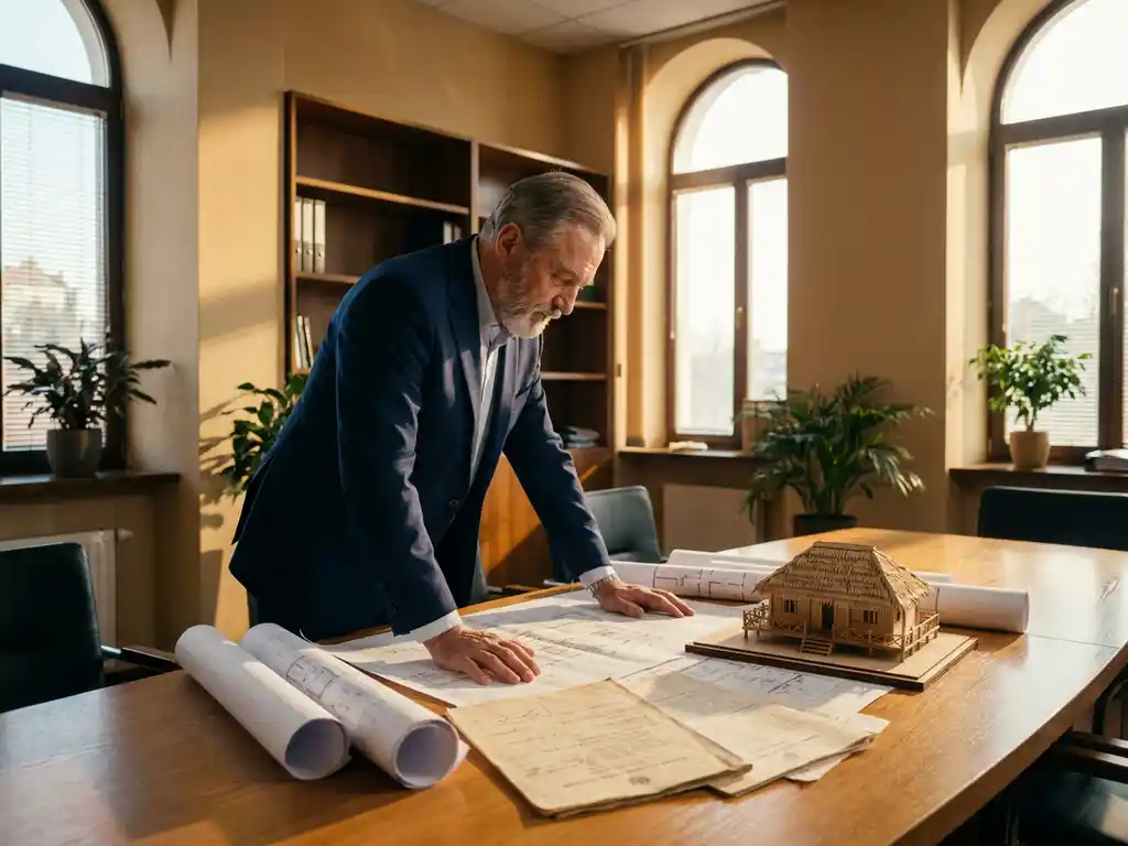Adviseur in maatpak bestudeert architectuurtekeningen en kadasterdocumenten op eikenhouten tafel met schaalmodel van een resort bungalow.