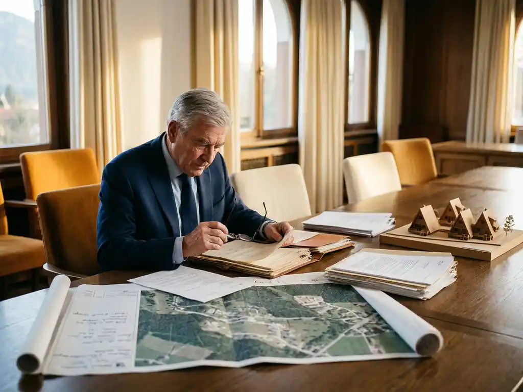 Adviseur in maatpak bestudeert vastgoeddocumenten aan eikenhouten tafel met vakantiepark plattegronden en architectuurmodel van chalets.