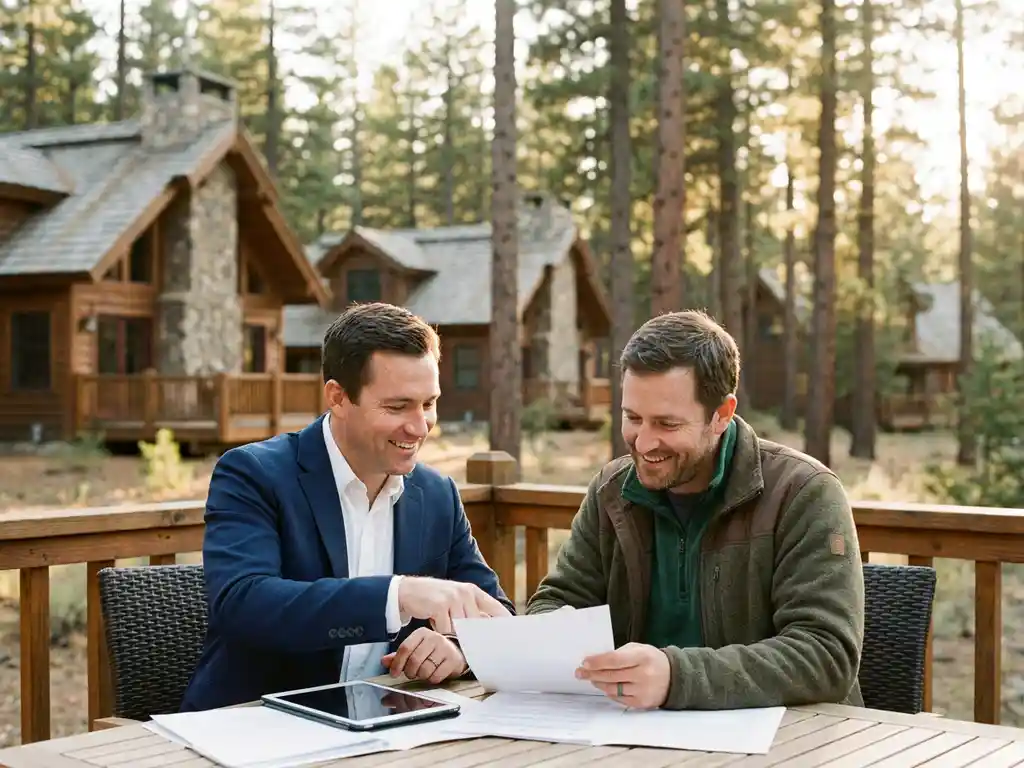 Vastgoedbeheerder en chaletverhuurder bespreken onderhoudsplanning op zonnig terras, luxe houten vakantiechalets op achtergrond.