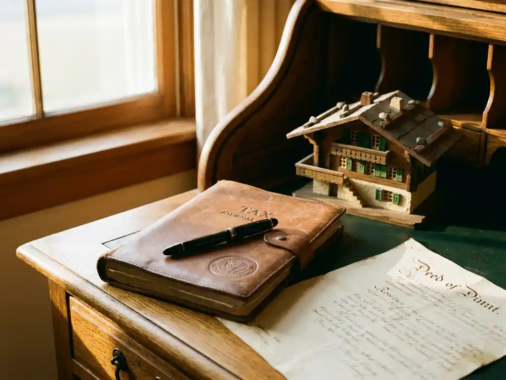 Leren belastingdocument en vulpen op eikenhouten bureau naast miniatuur chalet, met zichtbare grondakte en warm middaglicht.