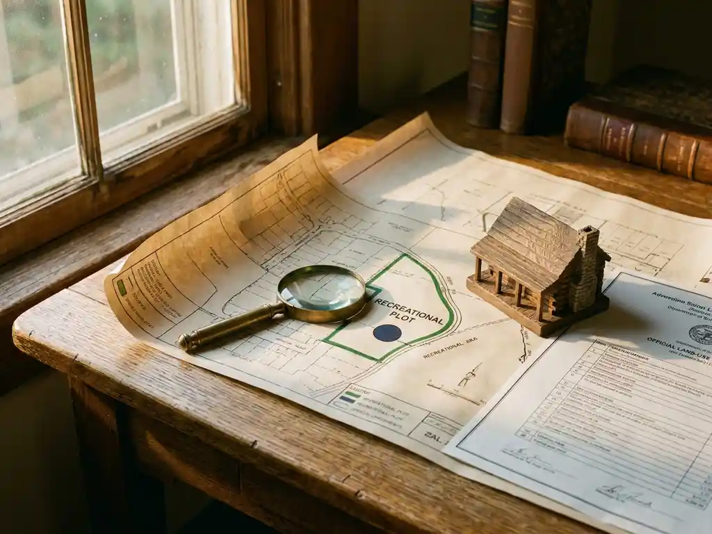 Verouderde bestemmingskaart en ruimtelijke ordeningsdocumenten op eiken tafel, met vergrootglas op recreatieplot en houten cabinemodel.