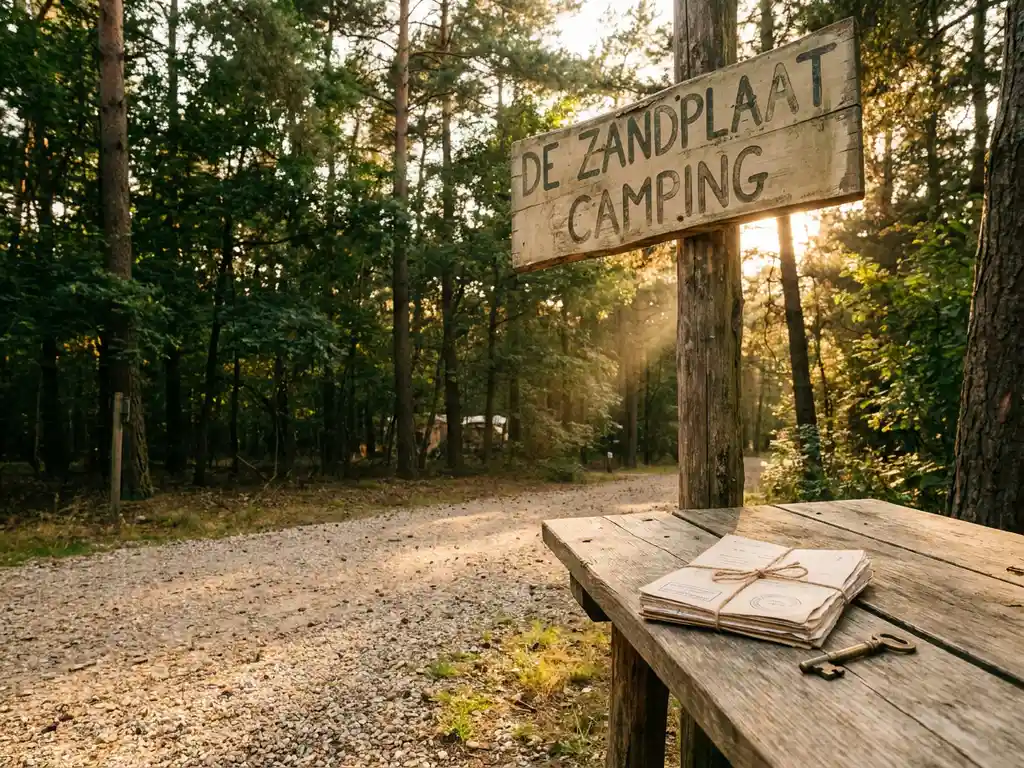 Verwerkte houten bord bij de ingang van een Nederlandse camping, omgeven door groene bomen en een grindpad, met documenten en een messing sleutel op een buitentafel in warm middaglicht.