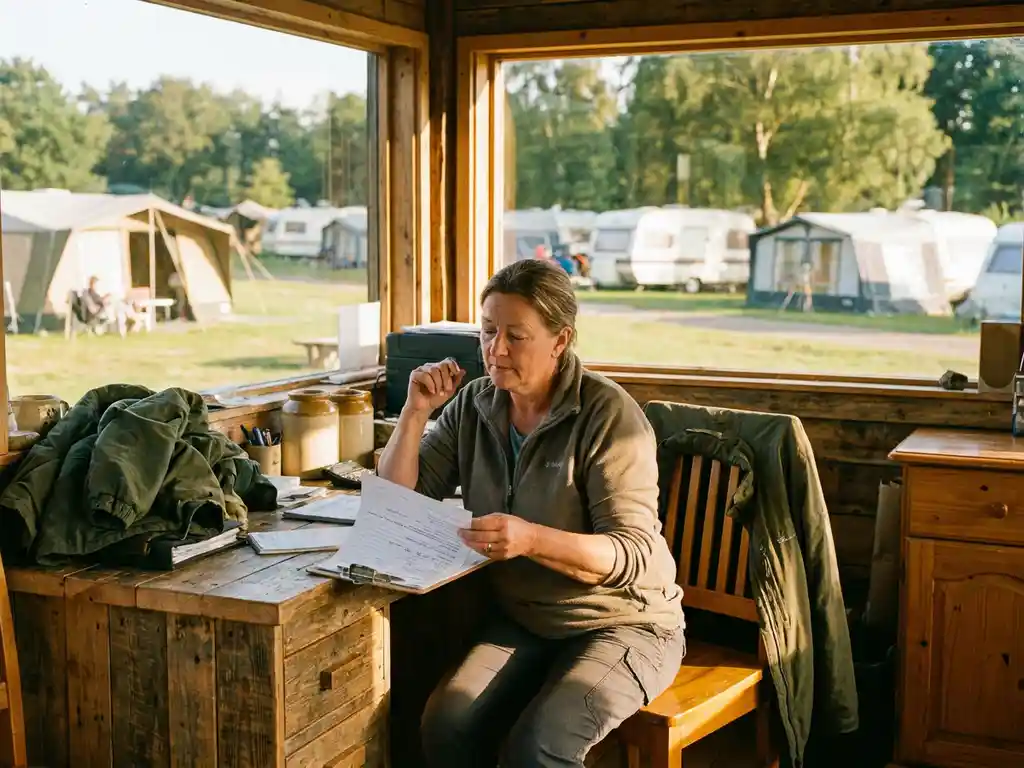 Campingeigenaar bekijkt kostendocumenten op klembord bij houten receptiebalie, met tenten en caravans zichtbaar op zonnig kampeerterrein.