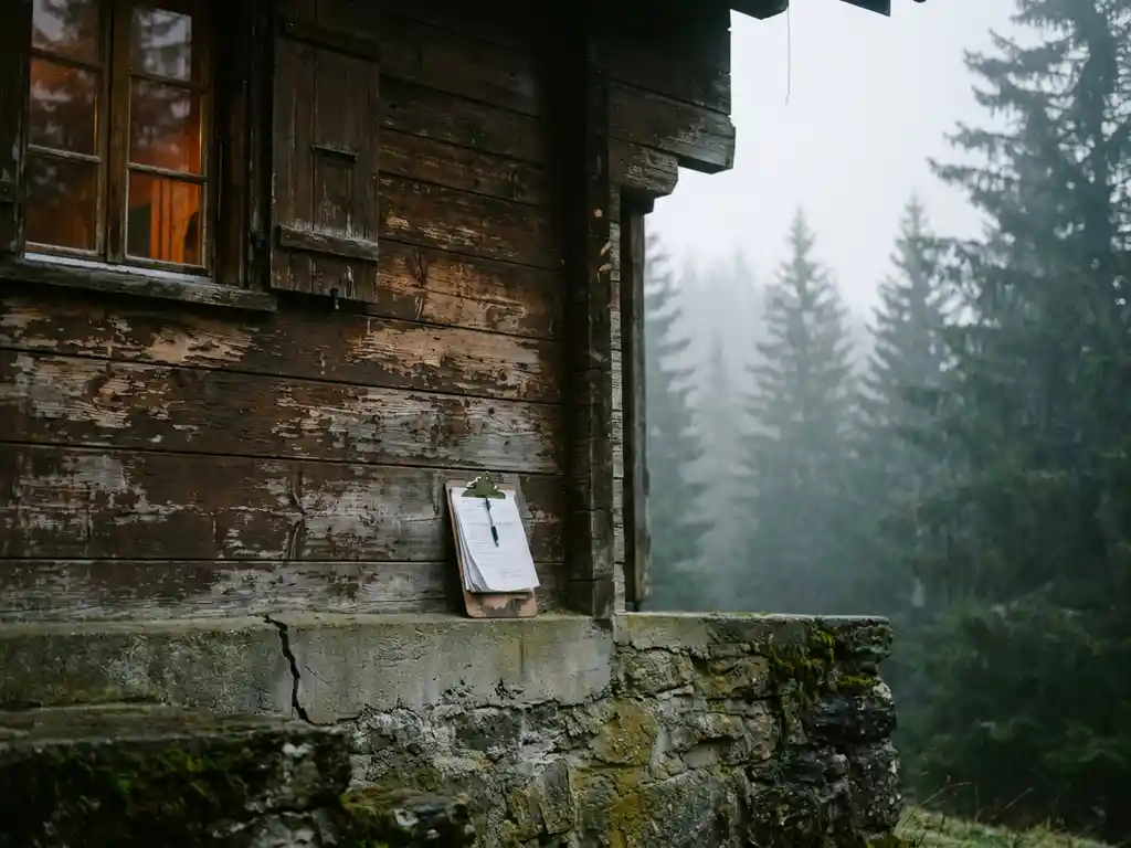 Verweerde houten chalet met scheur in fundering, omgeven door mistig dennenbos, met inspectie-klembord tegen de muur.