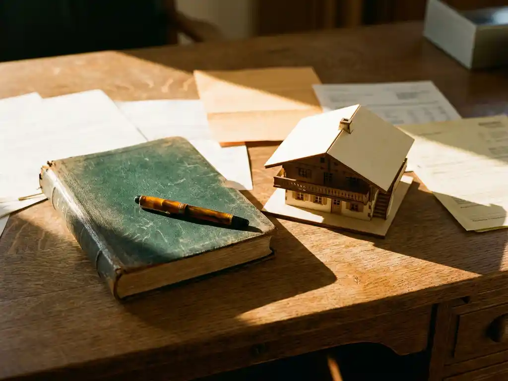 Leren juridisch document en vulpen op een eikenhouten bureau naast een chaletmaquette, omringd door financiële papieren in warm middaglicht.