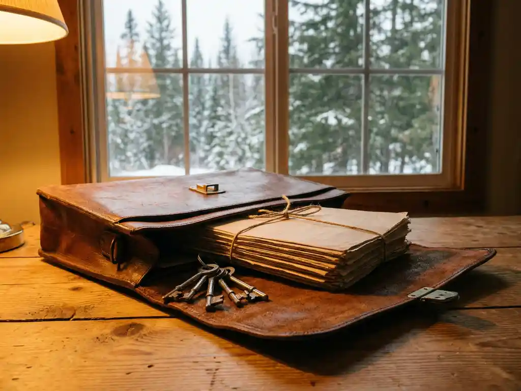 Verweerde leren aktetas met vastgoeddocumenten en zilveren sleutels op dennentafel in luxe chalet, besneeuwd bos op achtergrond.