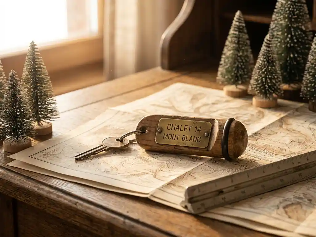 Verweerde houten chaletsleutel met messing label op een gevouwen topografische kaart, omringd door miniatuur dennenbomen en een schaalliniaal.