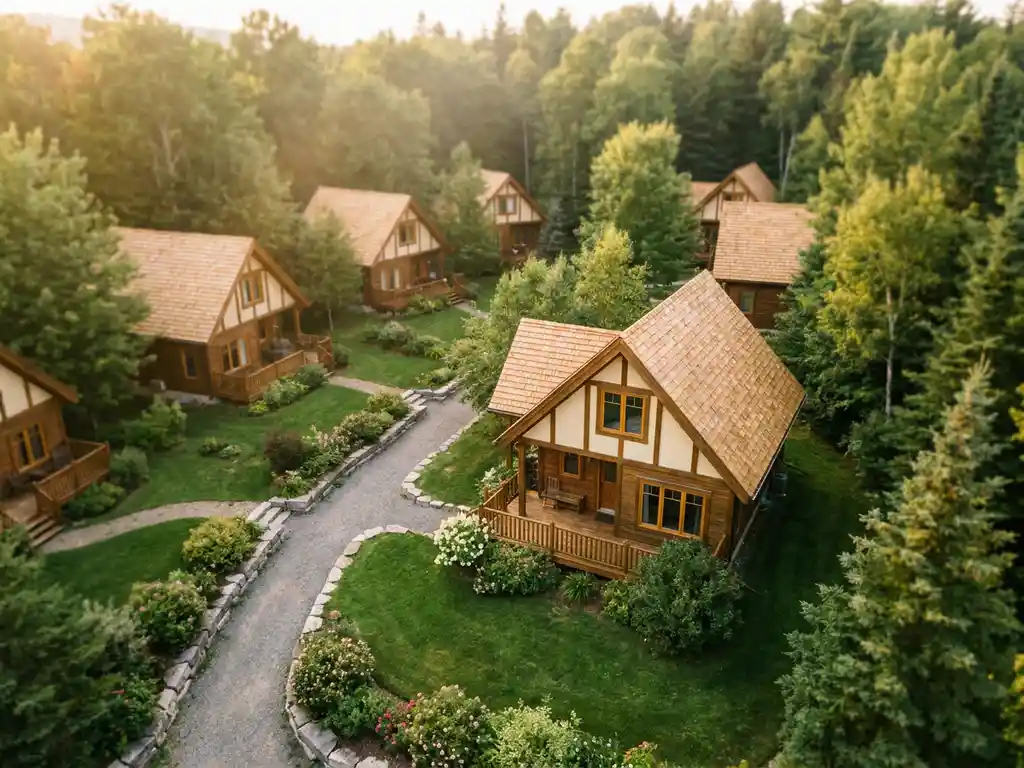 Luchtfoto van een chalet vakantiepark omringd door weelderig groen, met houten daken in warm middaglicht en een slingerend grindpad.