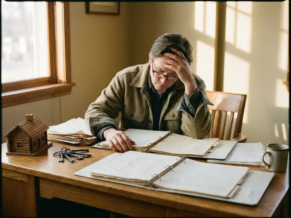 Ondernemer bestudeert juridische contracten en financiële documenten op een eiken bureau met miniatuur houten huisje en sleutels.