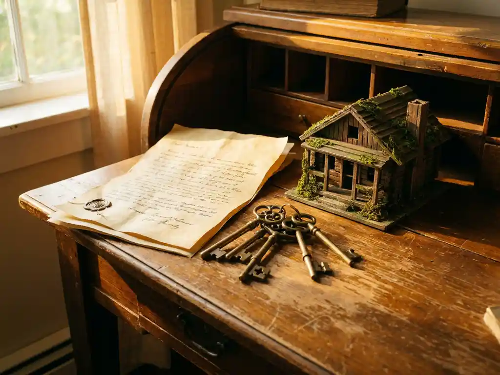 Opengevouwen eigendomsakte op verweerd houten bureau naast messing sleutels en miniatuur chalet, warm middagslicht.