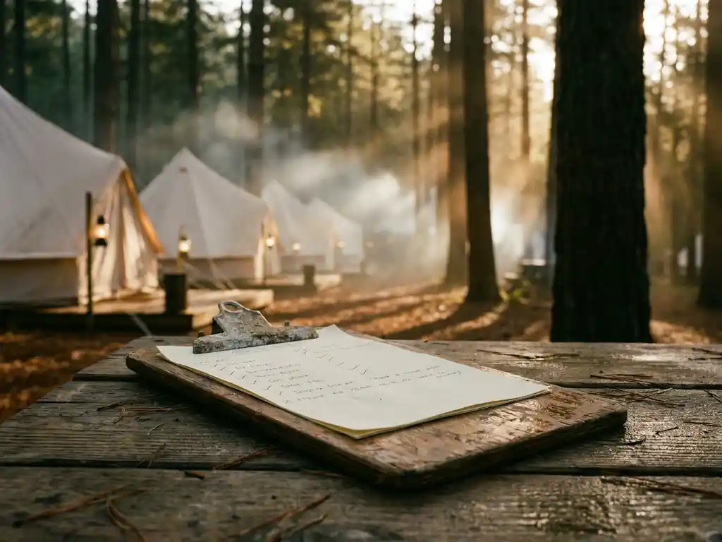 Verouderd houten klembord met checklist op rustieke picknicktafel bij glamping-tenten in mistig dennenbos bij zonsopgang.