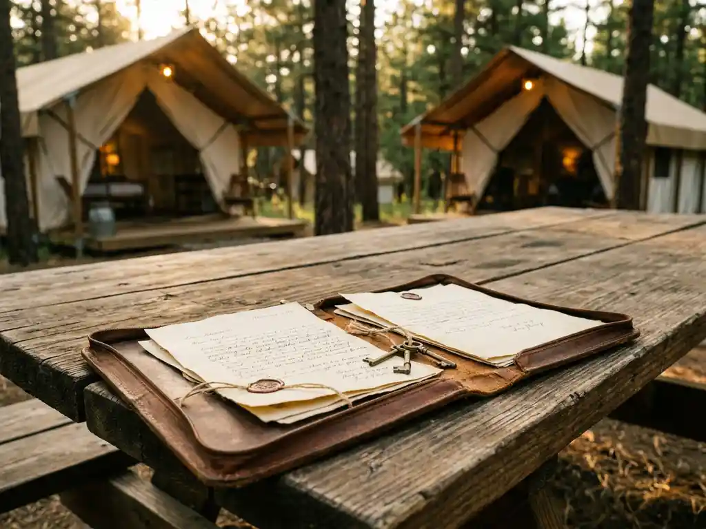 Verweerde leren portfolio met vastgoeddocumenten en oude messing sleutels op houten picknicktafel bij luxe glamping in gouden avondlicht.
