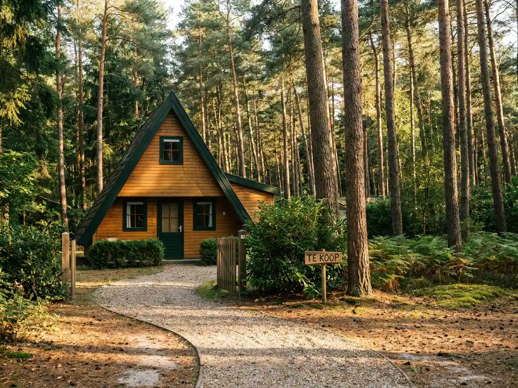 Houten chalet te koop in Nederlands recreatiepark, omgeven door hoge pijnbomen met goudkleurig middagzonlicht op grindpad.