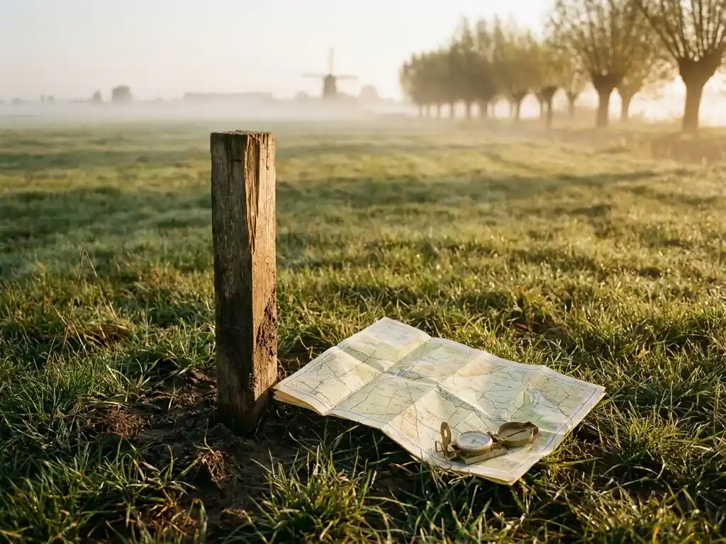 Verouderde houten meetpaal in Nederlandse polderweiden met opengevouwen topografische kaart, gouden ochtendlicht en mistige achtergrond.