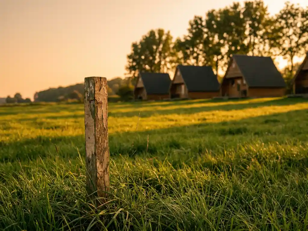 Verouderde houten meetpaal markeert een recreatieplot op een vakantiepark met chalets en boomrijen in warm middaglicht.
