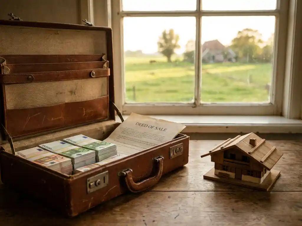 Versleten leren aktetas gevuld met eurobiljetten en een eigendomsakte, naast een houten chalet miniatuur op rustieke tafel met Nederlands landschap op achtergrond.
