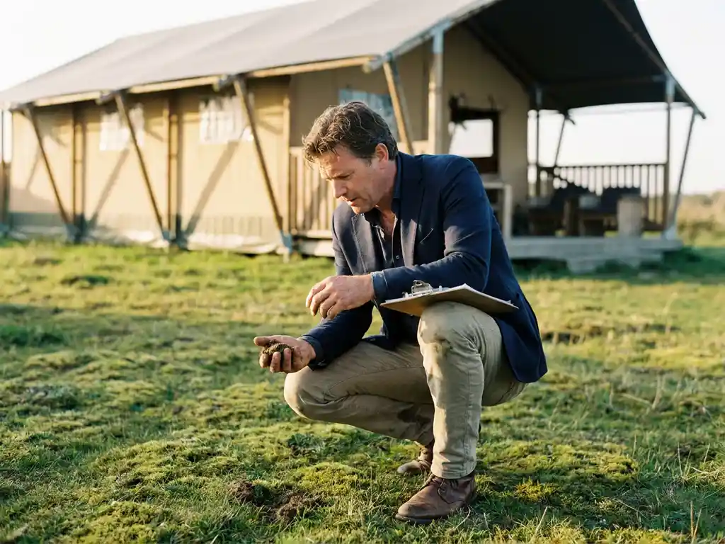 Investeerder in smart-casual kleding onderzoekt grond bij een luxe glamping lodge in de Zeeuwse natuur, gouden middaglicht.