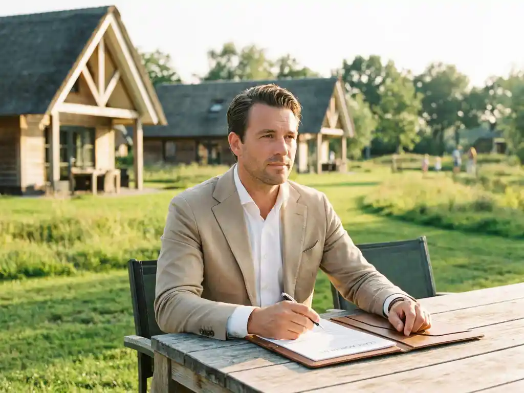 Investeerder bestudeert huurovereenkomst buiten bij Nederlands vakantieresort met luxe chalets en groene weiden op de achtergrond.