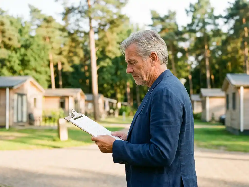 Investeerder bekijkt vastgoeddocument op klembord bij luxe vakantiepark met houten chalets en hoge pijnbomen in gouden middaglicht.