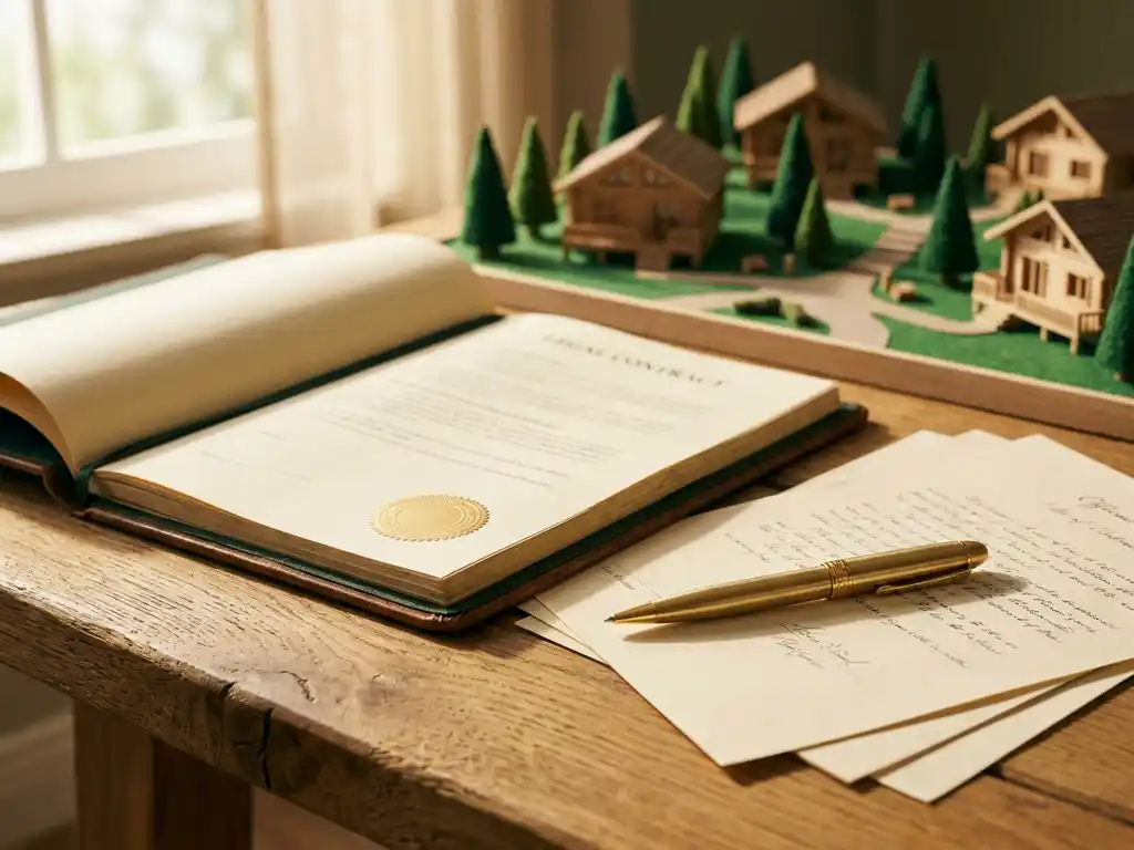 Opengevouwen leren contractmap op rustiek eiken bureau met messing pen, architectuurmodel van vakantiepark chalets op de achtergrond.