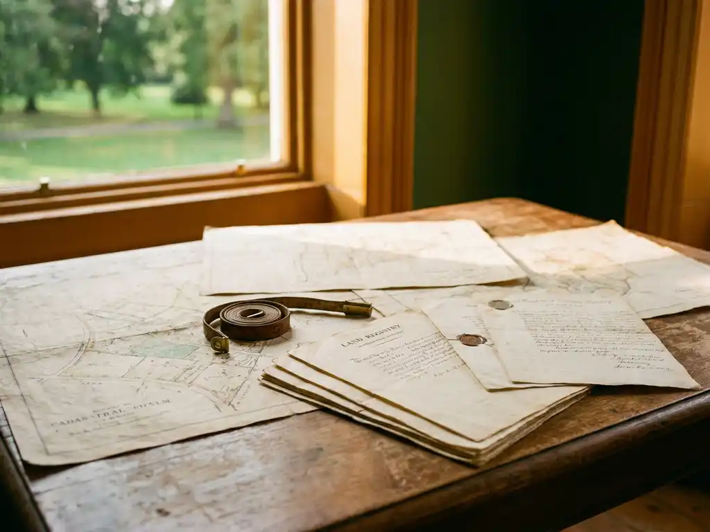 Verouderde kadastrale kaart en officiële eigendomsdocumenten op houten tafel, met opgerolde meetlint en groen landschap op de achtergrond.