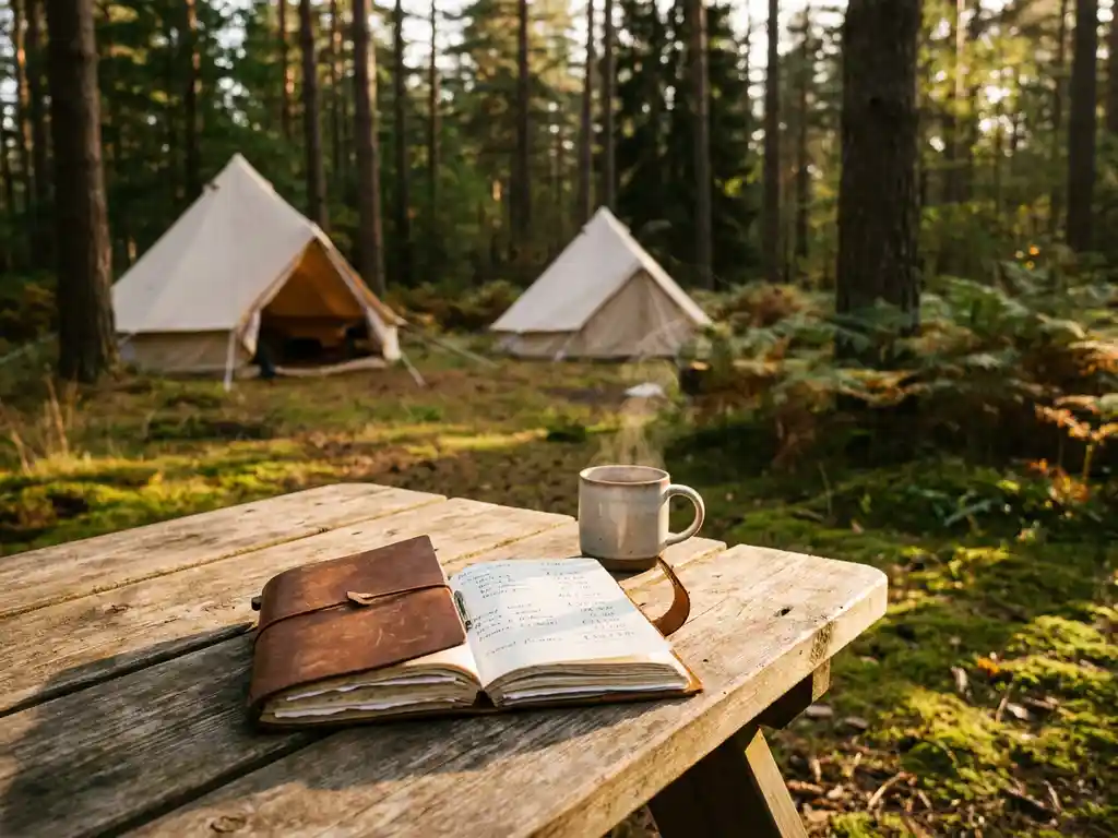 Versleten houten picknicktafel met leren notitieboek vol financiële berekeningen en dampende koffie op een bosrijke camping.