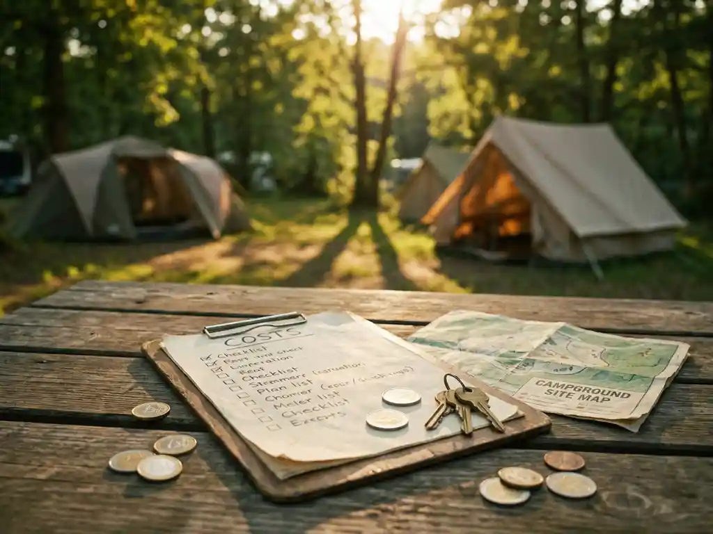 Versleuteld houten klembord met handgeschreven kostenlijst op picknicktafel, omringd door euromunten, sleutels en kampeerkaart.