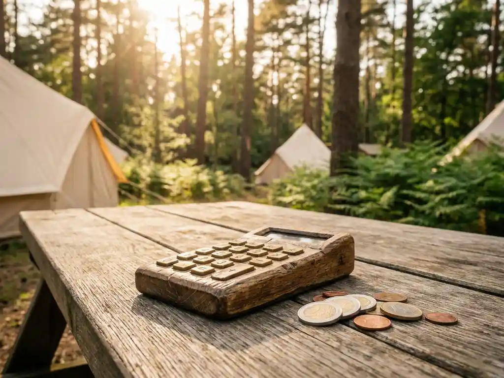 Verouderde houten rekenmachine met euromunten op een eiken picknicktafel, luxe glamping tenten zichtbaar op de achtergrond.