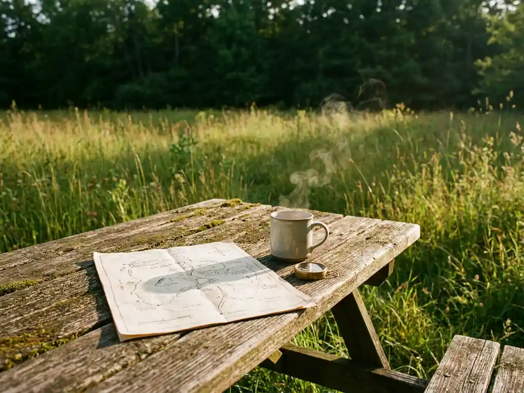 Verweerde houten picknicktafel met handgetekende plattegrond, dampende koffiemok en kompas in zonnig groen weidelandschap.