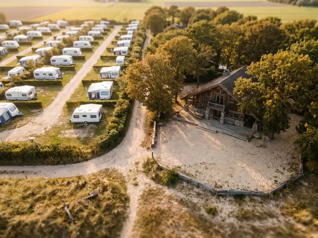 Luchtfoto van een Nederlands kampeerterrein in Zeeland met witte caravans naast een luxe chalet tussen eikenbomen in gouden middaglicht.