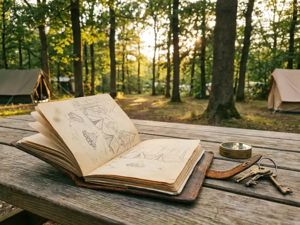 Versleten leren notitieboek met handgetekende kampeerplattegrond op houten picknicktafel, omringd door groen Nederlands kampeerterrein in gouden avondlicht.