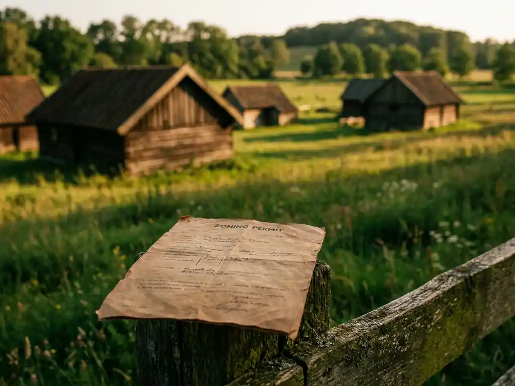 Vergunningsdocument op hekpaal bij rustieke houten vakantiehuisjes op een Nederlandse camping in Zeeland tijdens gouden uur.