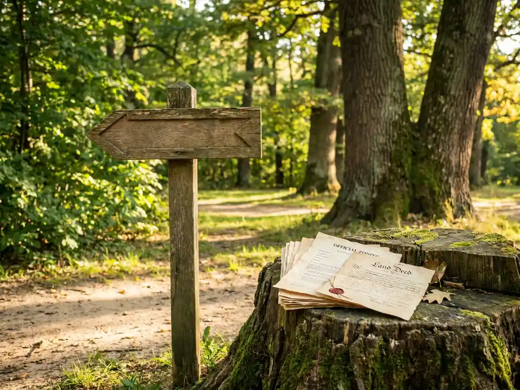 Verouderd houten wegwijzer bij de ingang van een groen kampeerterrein, met officiële zonerings- en eigendomsdocumenten op een boomstronk.
