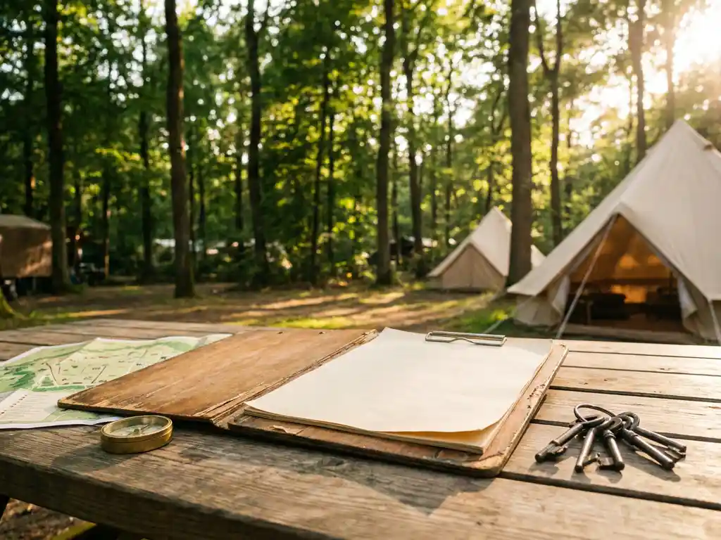 Verweerderde houten vergunningsmap open op rustieke tafel op Nederlandse camping, met kompas, plattegrond en sleutels, tenten en bomen op achtergrond.