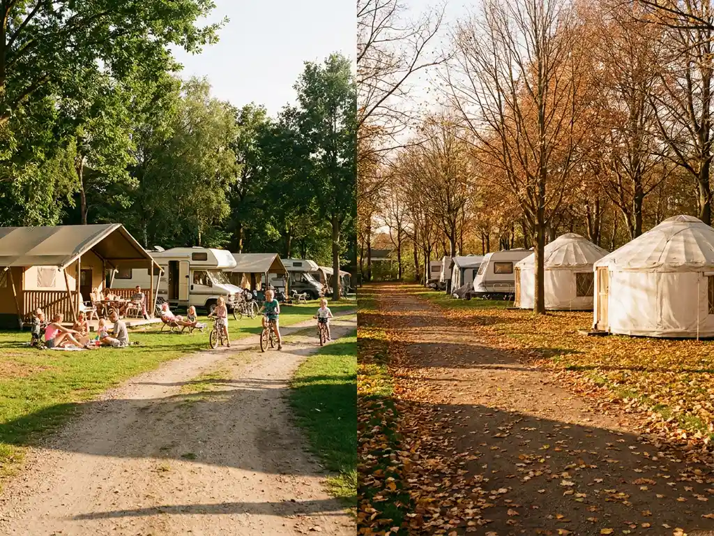 Luxe glamping tenten en campers op een zonnig Nederlands kampeerterrein tussen groene bomen, families genieten in gouden zomerlicht.