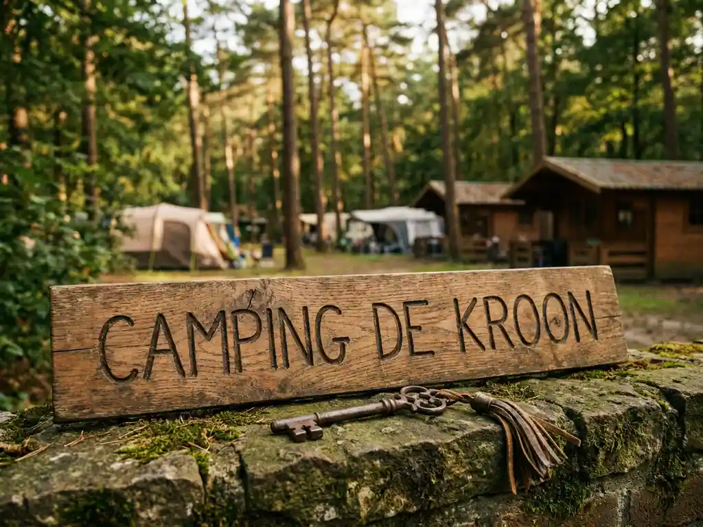 Versleuteld houten kampeerbordje en luxe chaletsleutel op een bemost stenen muurtje, omgeven door een Nederlands dennenbos in warm middaglicht.