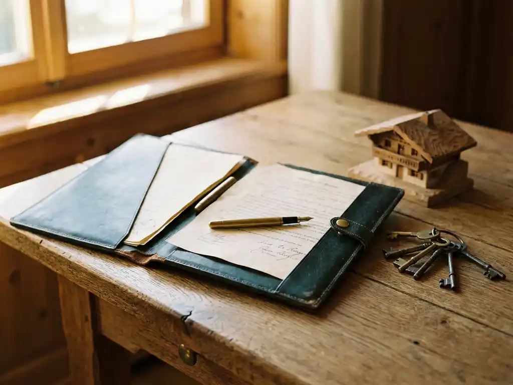 Opengevouwen leren contractmap op eiken bureau met vulpen, miniatuur chalet en oude sleutels in warm Nederlands licht.