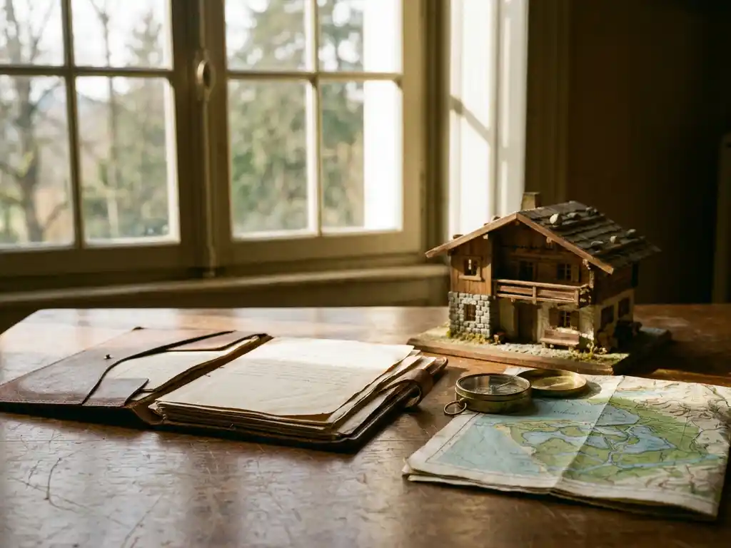 Opengeslagen leren dossier op verweerde eiken tafel naast een schaalmodel van een chalet, vintage kompas en topografische kustkaart in warm middaglicht.